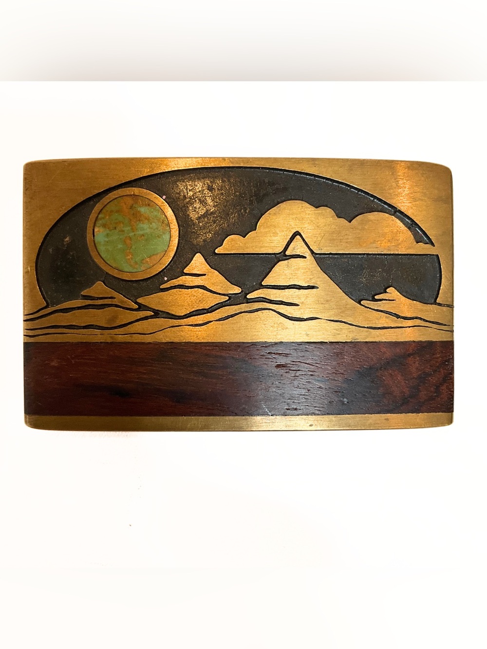 VTG 70s Kenneth Reid Exotic Wood Inlay Landscape Belt Buckle Mens Cowboy Western